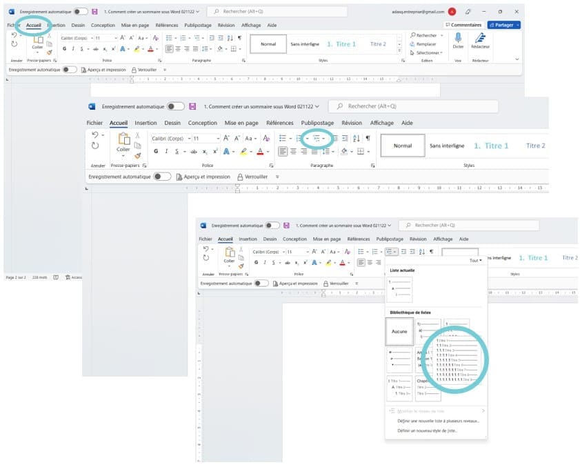 Numérotation des titres Word