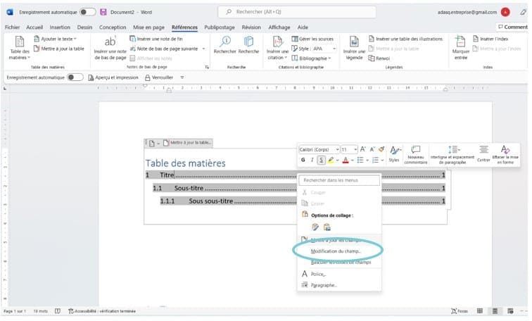 Modifier sommaire Word