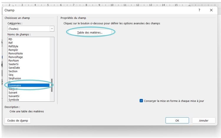 Modifier sommaire Word
